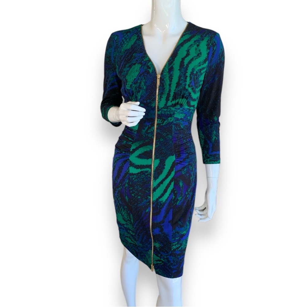 CACHE’ BLUE/GREEN 3/4 SLEEVE ZIPPER FRONT BODYCON DRESS. WOMEN’S SIZE MEDIUM.